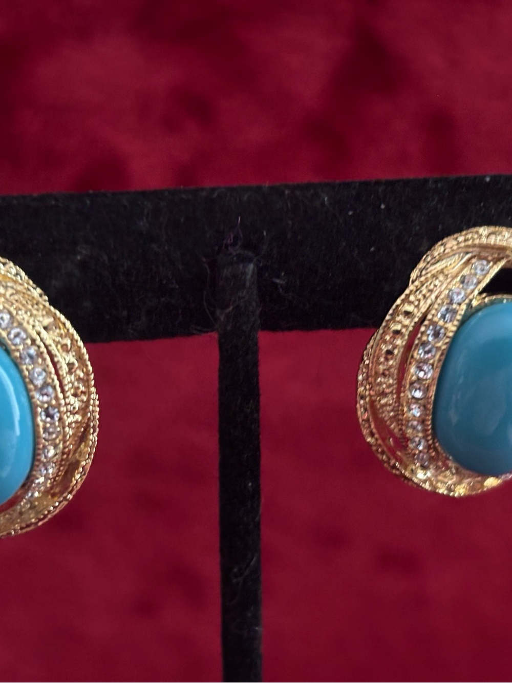 Gold-Tone Earrings with Blue Turquoise Cabochons and Crystal Accents